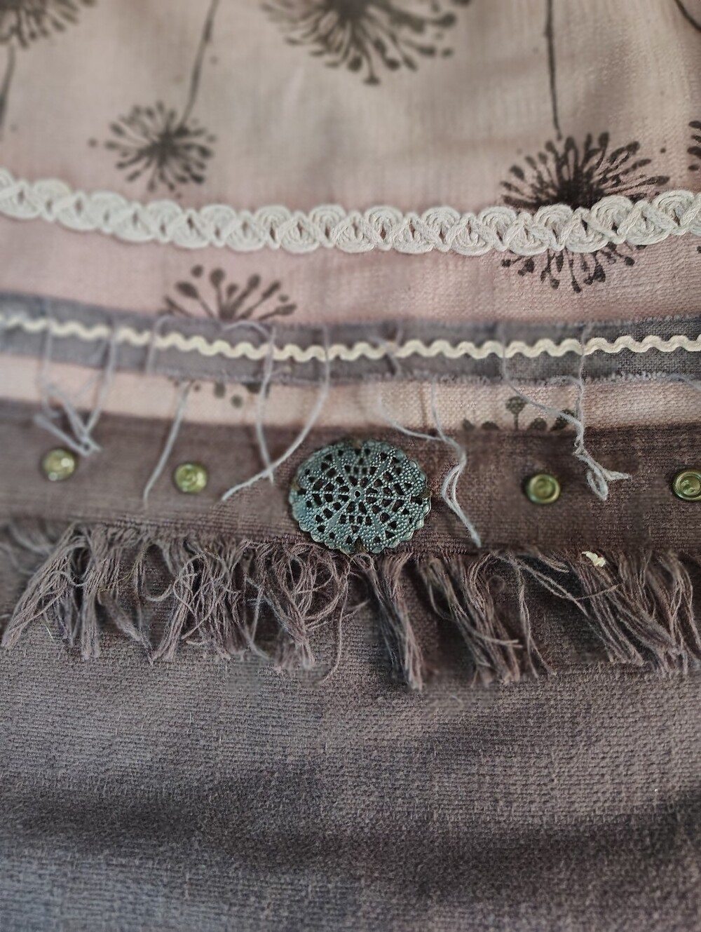 VO-HO Boho Dandelion Drawstring Backpack – Mauve & Chocolate Cotton Linen Cinch - Picture 4 of 14